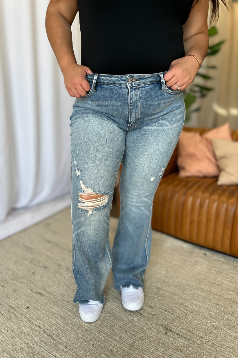 Judy Blue Full Size Medium Rise Tummy Control Destroy Flare - Beautifeye Boutique