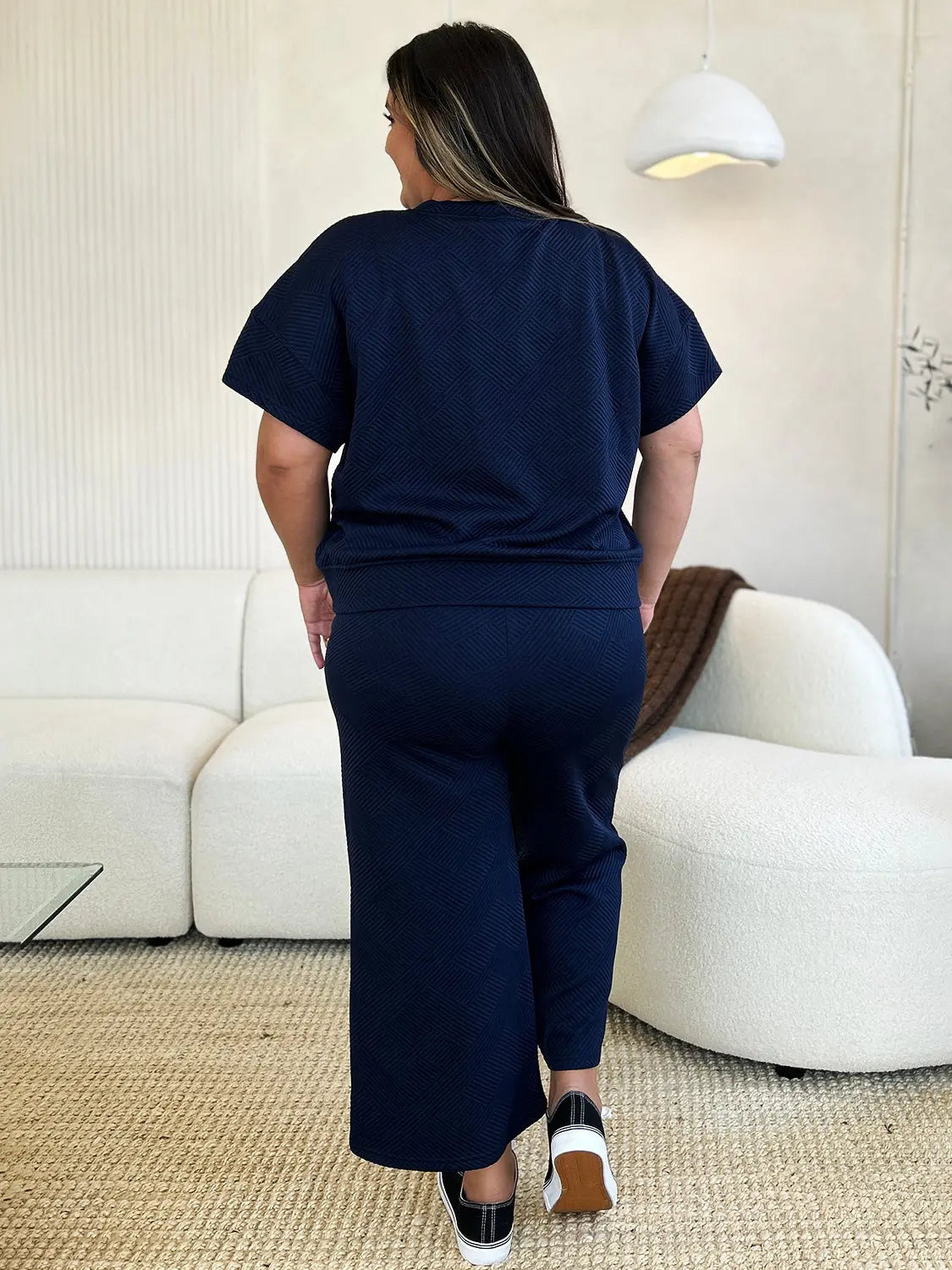 Double Take Full Size Texture Short Sleeve Top and Pants Set - Beautifeye Boutique