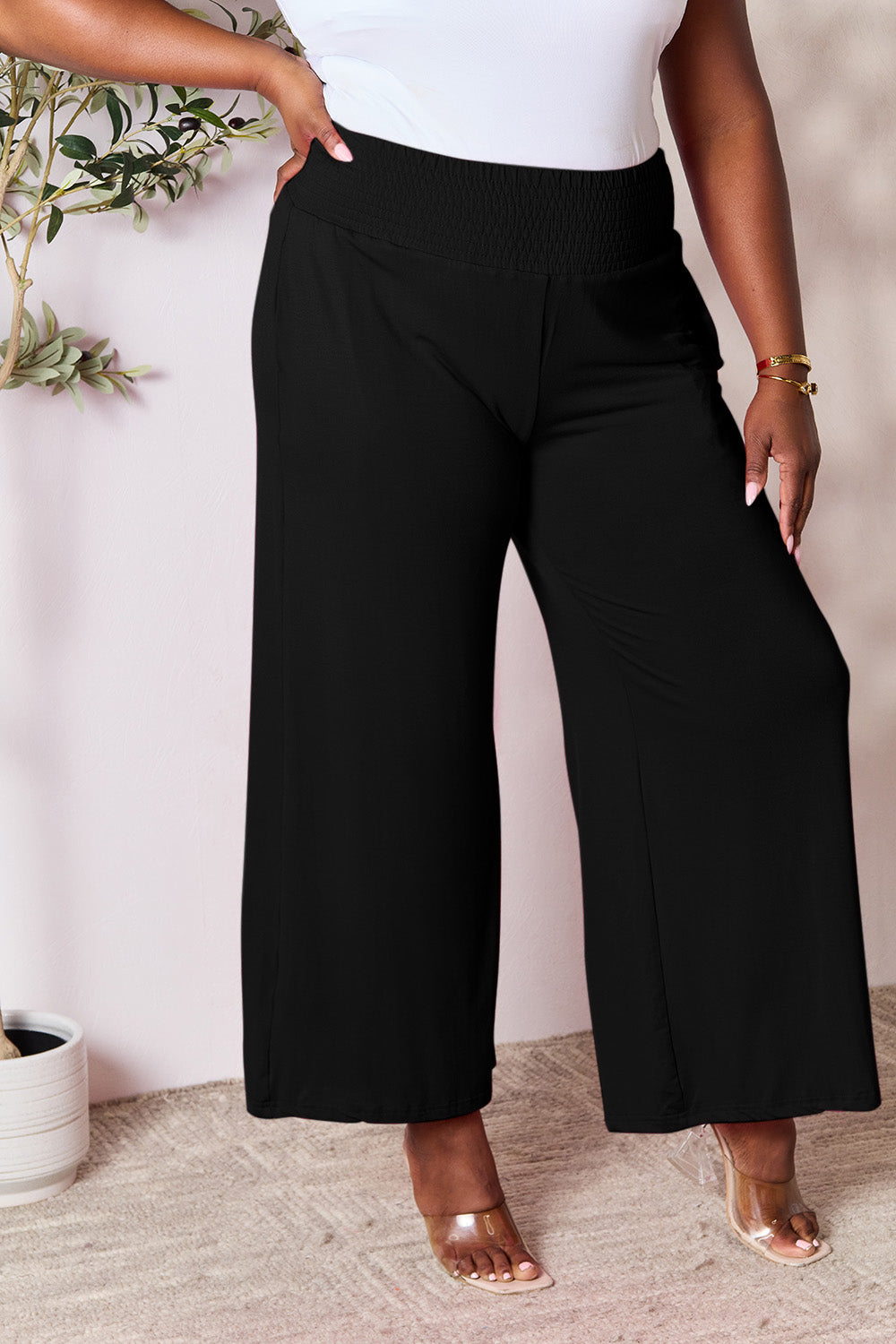 Double Take Full Size Smocked Wide Waistband Wide Leg Pants - Beautifeye Boutique