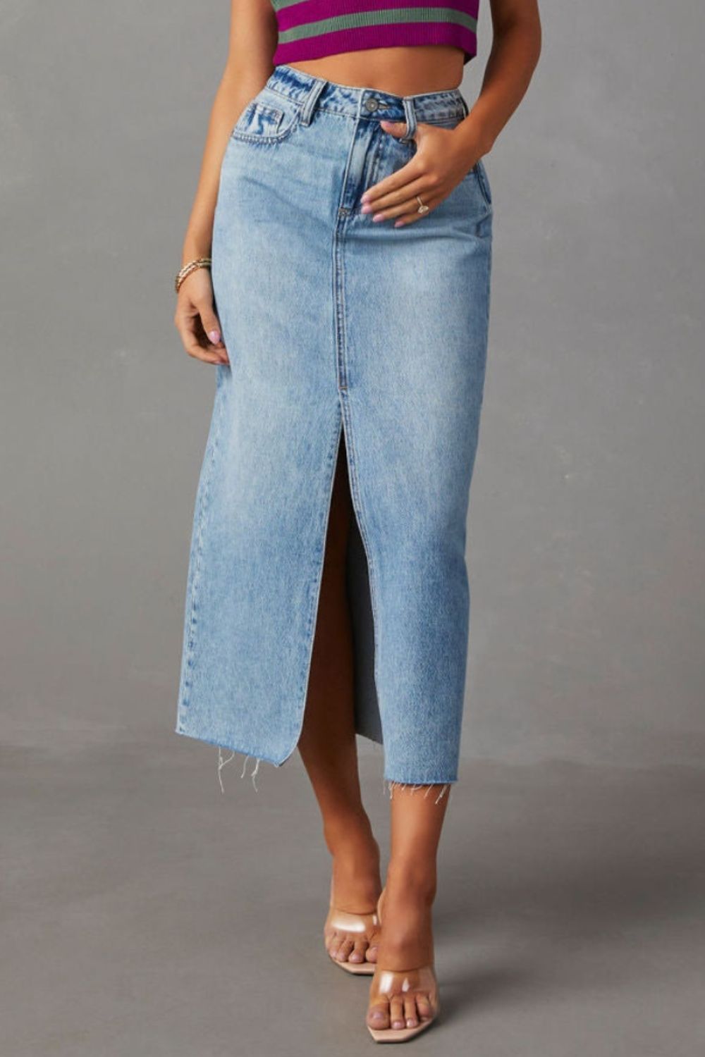 Slit Raw Hem Midi Denim Skirt - Beautifeye Boutique