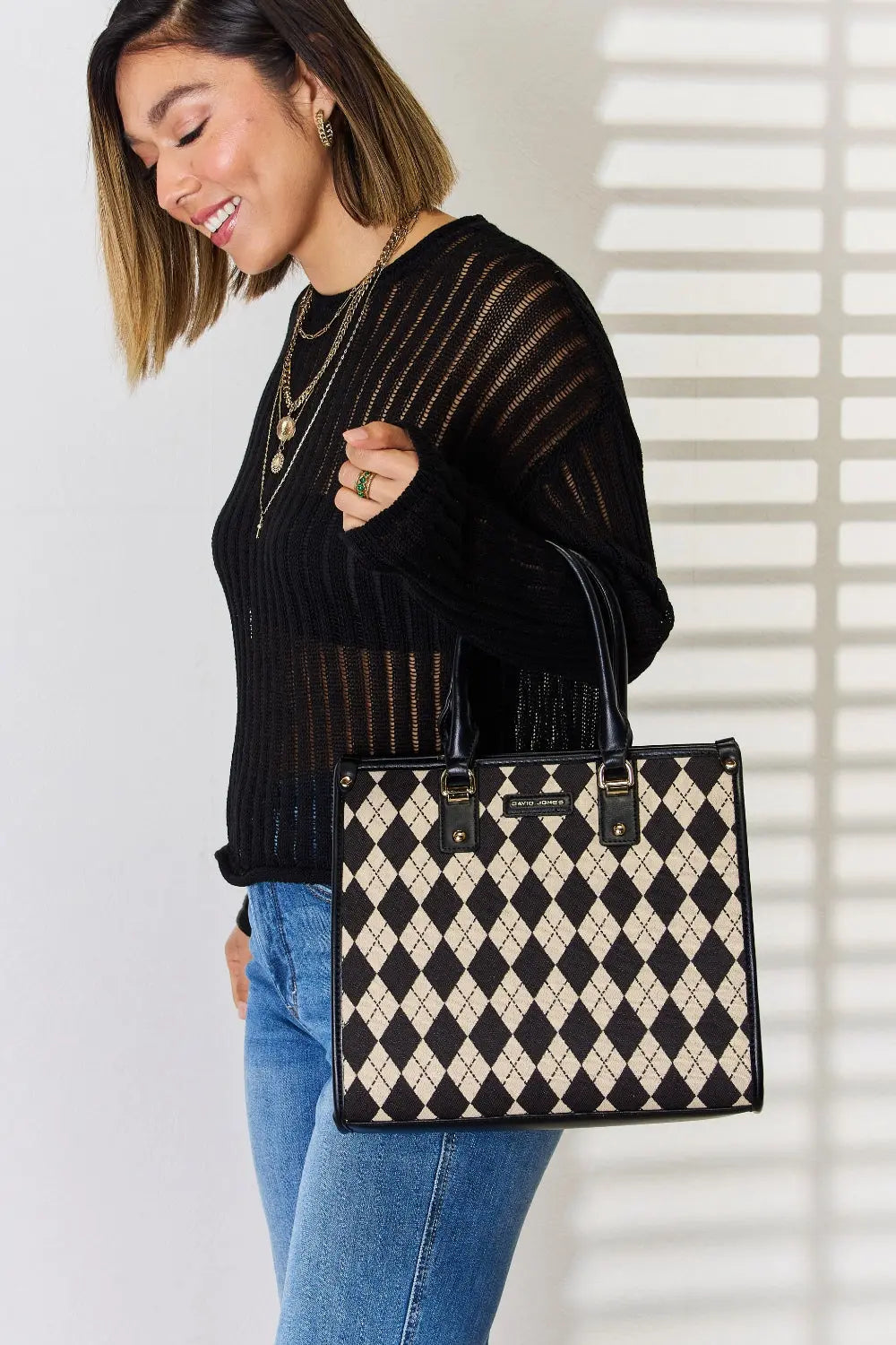 David Jones Argyle Pattern PU Leather Handbag - Beautifeye Boutique