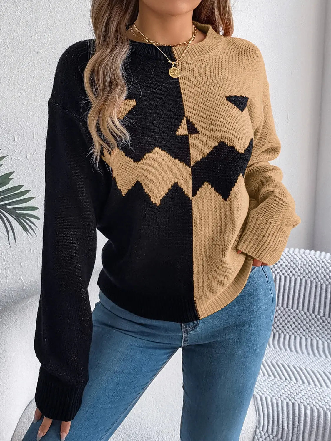 Contrast Round Neck Long Sleeve Sweater - Beautifeye Boutique