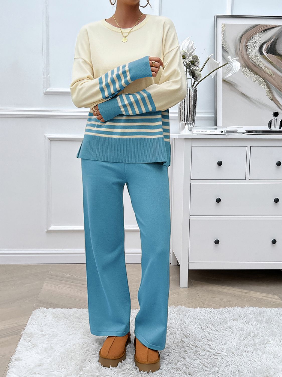 Devine Slit Striped Round Neck Top and Pants Sweater Set Trendsi