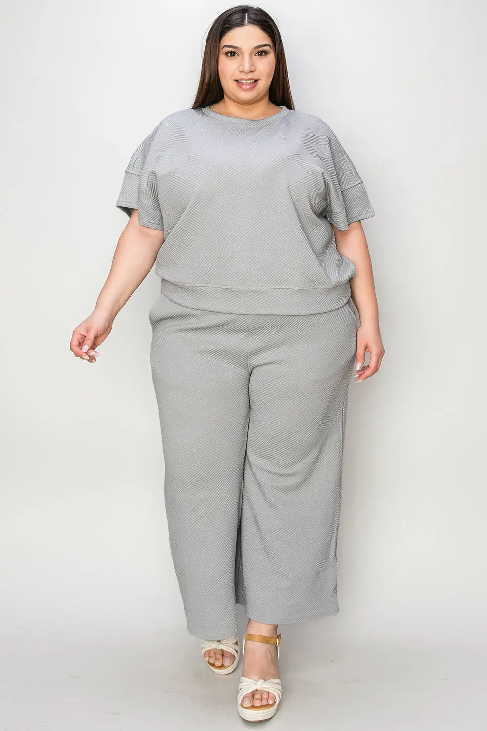 Double Take Full Size Texture Short Sleeve Top and Pants Set - Beautifeye Boutique
