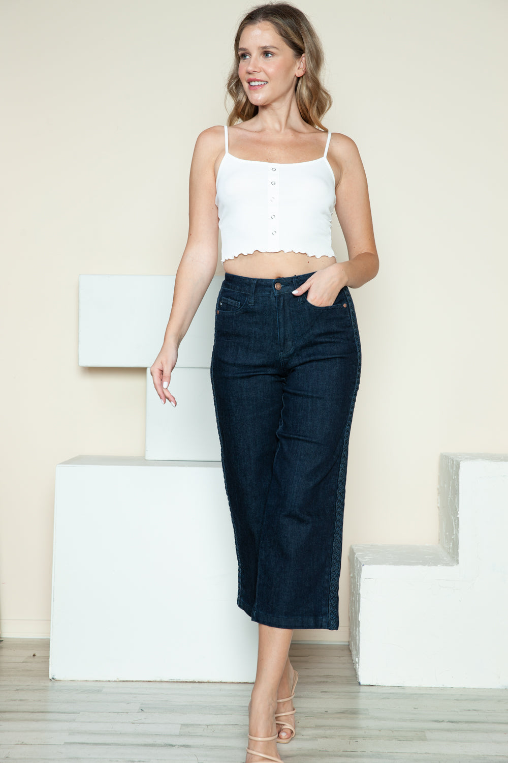 Judy Blue Full Size Side Seam Braid Detail Crop Wide Leg Jeans - Beautifeye Boutique